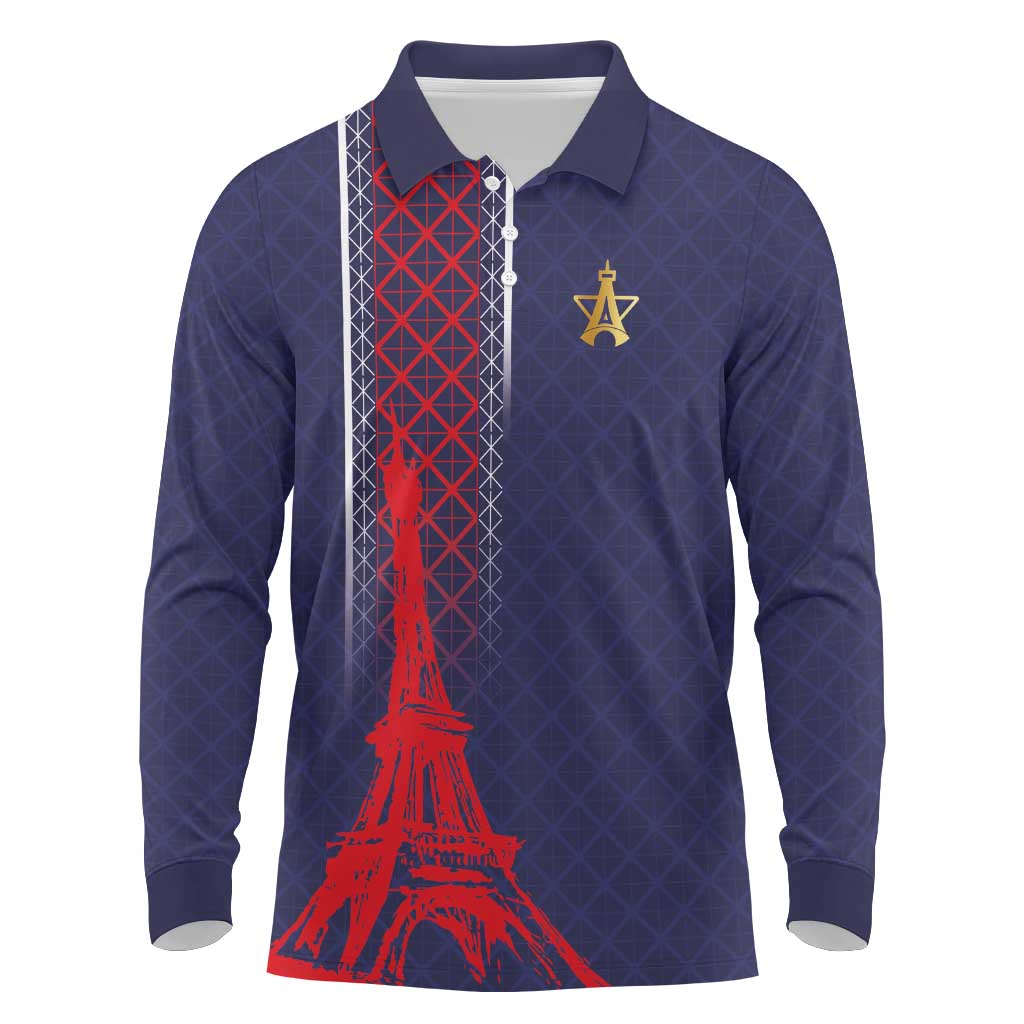 Custom Midnight Navy Football Long Sleeve Polo Shirt Paris Architectural Heritage Style - Wonder Print Shop