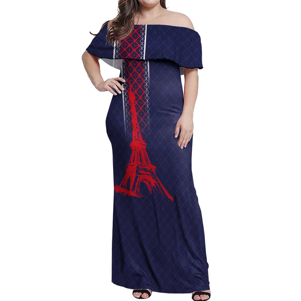 Custom Midnight Navy Football Off Shoulder Maxi Dress Paris Architectural Heritage Style - Wonder Print Shop
