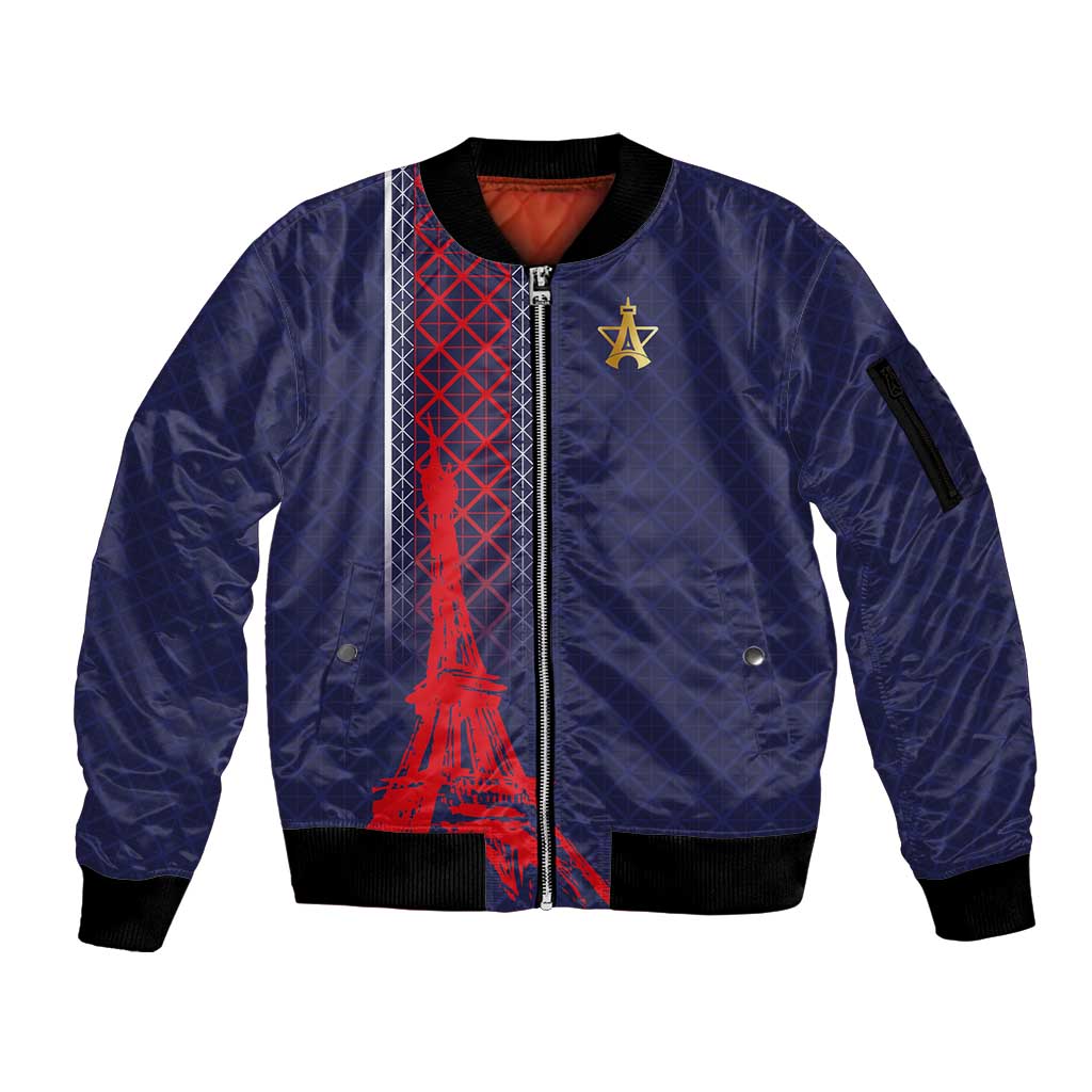 Custom Midnight Navy Football Sleeve Zip Bomber Jacket Paris Architectural Heritage Style - Wonder Print Shop