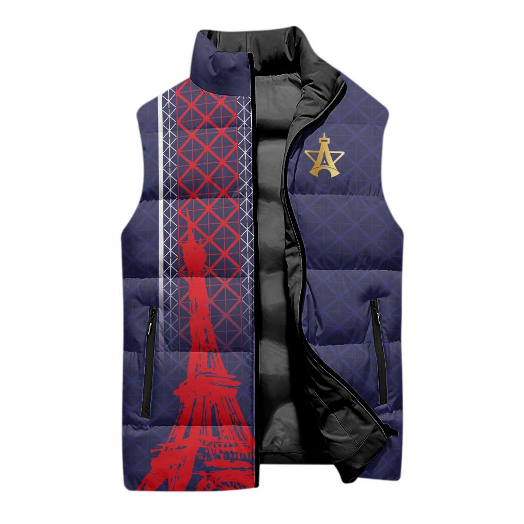 Custom Midnight Navy Football Sleeveless Puffer Jacket Paris Architectural Heritage Style - Wonder Print Shop