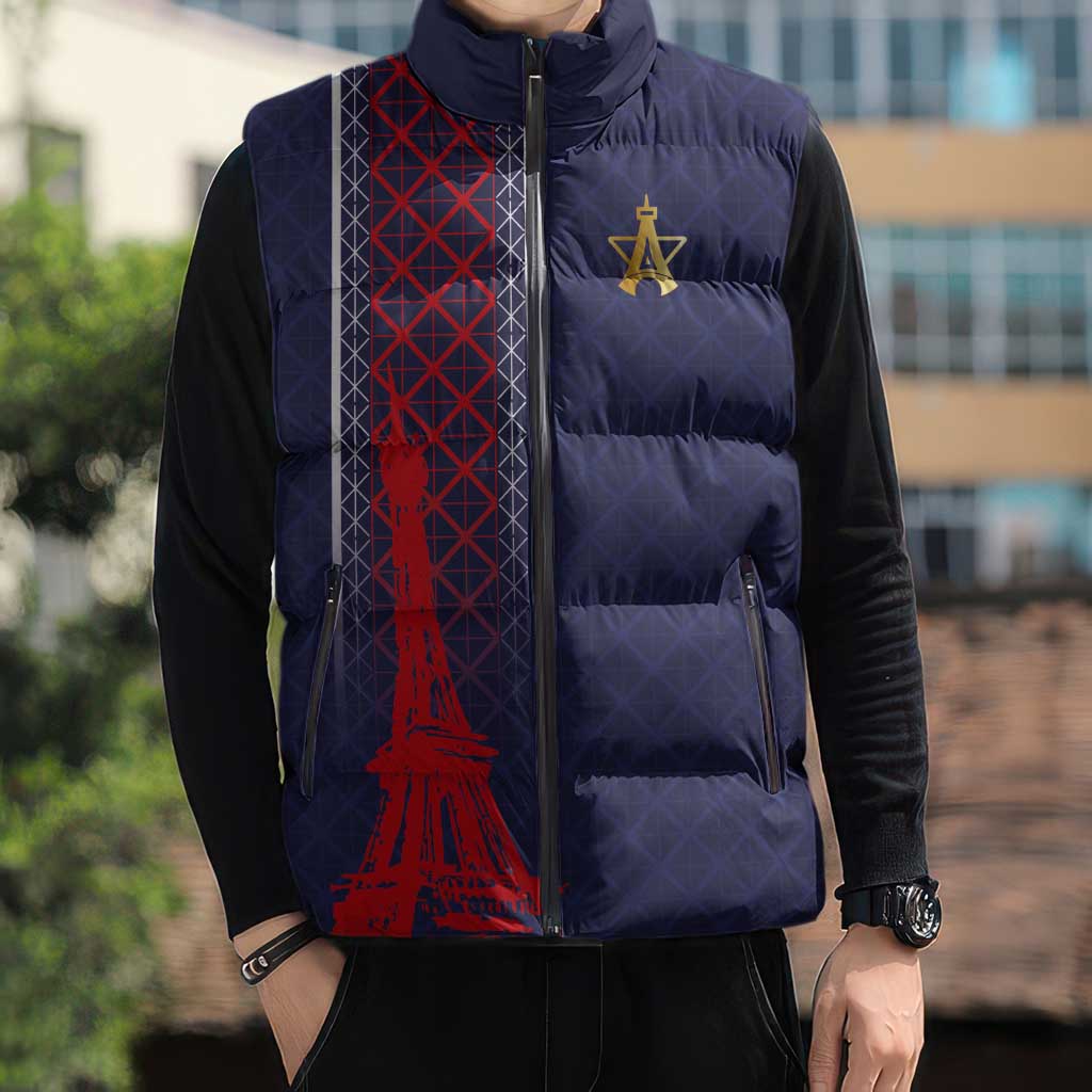 Custom Midnight Navy Football Sleeveless Puffer Jacket Paris Architectural Heritage Style - Wonder Print Shop