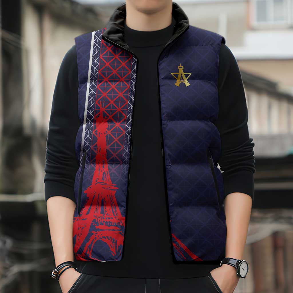 Custom Midnight Navy Football Sleeveless Puffer Jacket Paris Architectural Heritage Style - Wonder Print Shop
