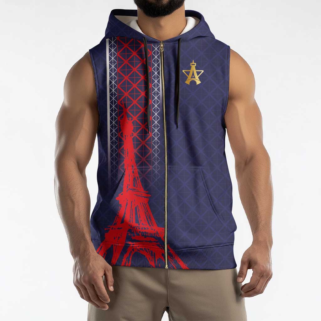 Custom Midnight Navy Football Sleeveless Zip Hoodie Paris Architectural Heritage Style - Wonder Print Shop