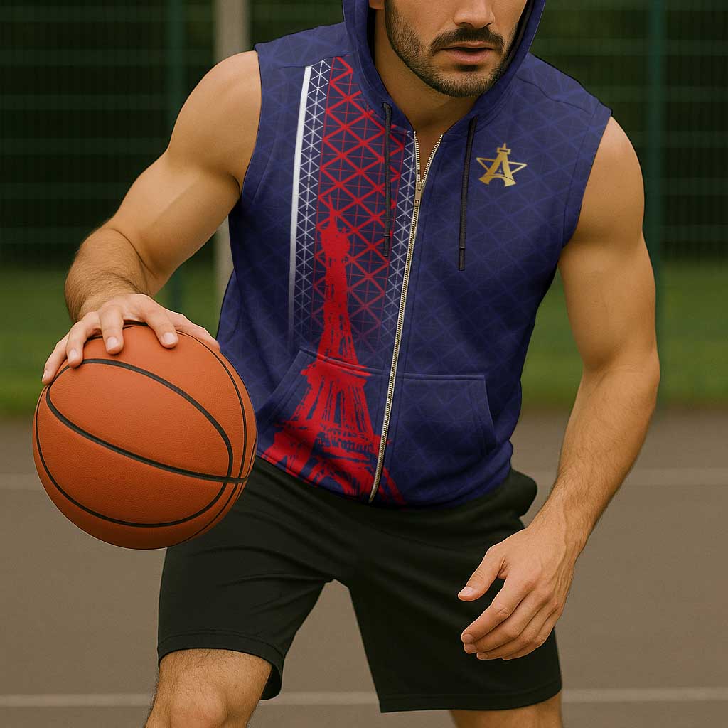 Custom Midnight Navy Football Sleeveless Zip Hoodie Paris Architectural Heritage Style - Wonder Print Shop