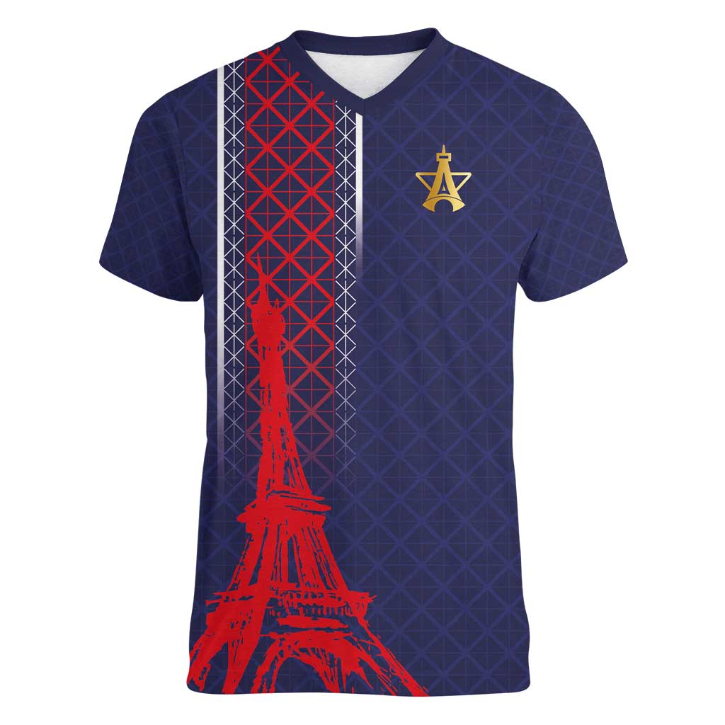 Custom Midnight Navy Football Women V-Neck T-Shirt Paris Architectural Heritage Style - Wonder Print Shop