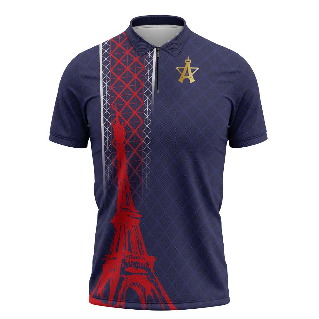 Custom Midnight Navy Football Zipper Polo Shirt Paris Architectural Heritage Style - Wonder Print Shop