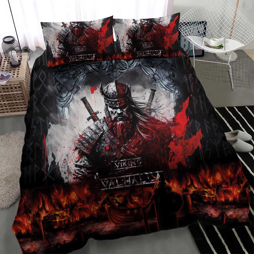 Viking Valhalla Bedding Set Norseman and Burning Battlefield - Wonder Print Shop