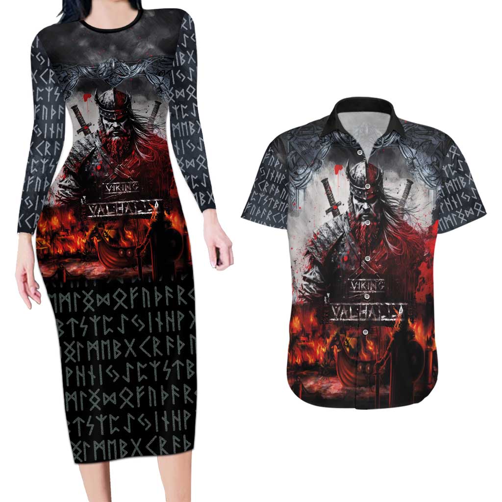 Viking Valhalla Couples Matching Long Sleeve Bodycon Dress and Hawaiian Shirt Norseman and Burning Battlefield - Wonder Print Shop