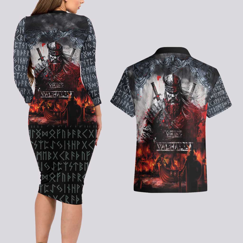 Viking Valhalla Couples Matching Long Sleeve Bodycon Dress and Hawaiian Shirt Norseman and Burning Battlefield - Wonder Print Shop