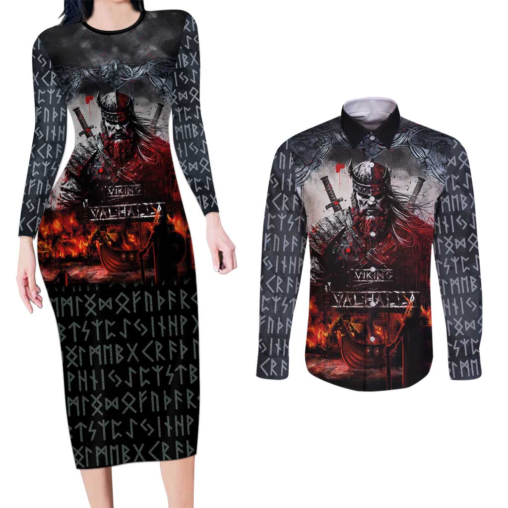 Viking Valhalla Couples Matching Long Sleeve Bodycon Dress and Long Sleeve Button Shirt Norseman and Burning Battlefield - Wonder Print Shop