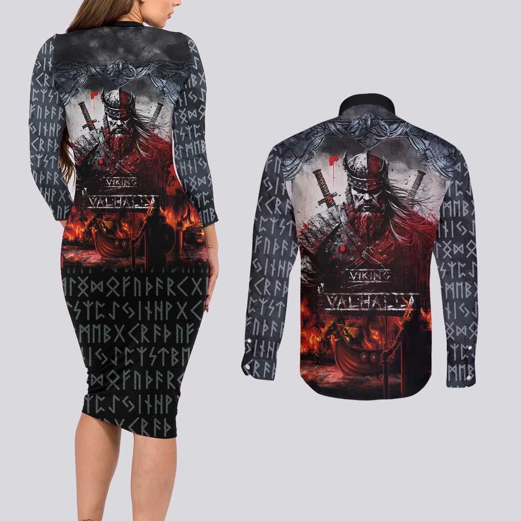 Viking Valhalla Couples Matching Long Sleeve Bodycon Dress and Long Sleeve Button Shirt Norseman and Burning Battlefield - Wonder Print Shop