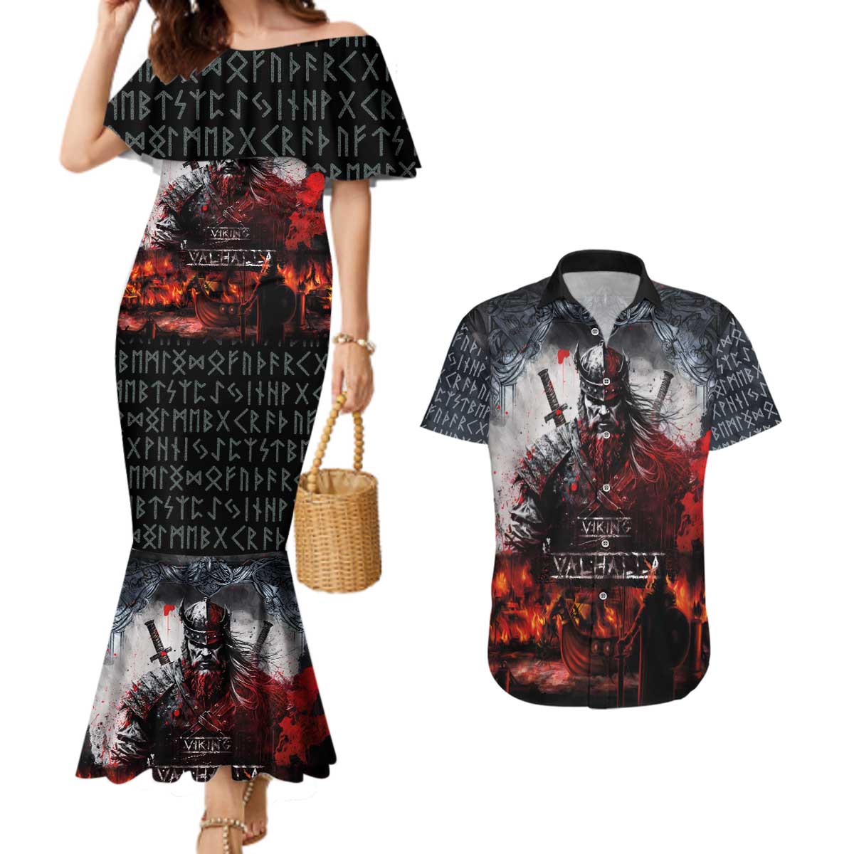 Viking Valhalla Couples Matching Mermaid Dress and Hawaiian Shirt Norseman and Burning Battlefield - Wonder Print Shop