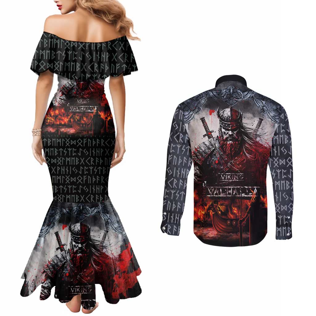 Viking Valhalla Couples Matching Mermaid Dress and Long Sleeve Button Shirt Norseman and Burning Battlefield - Wonder Print Shop