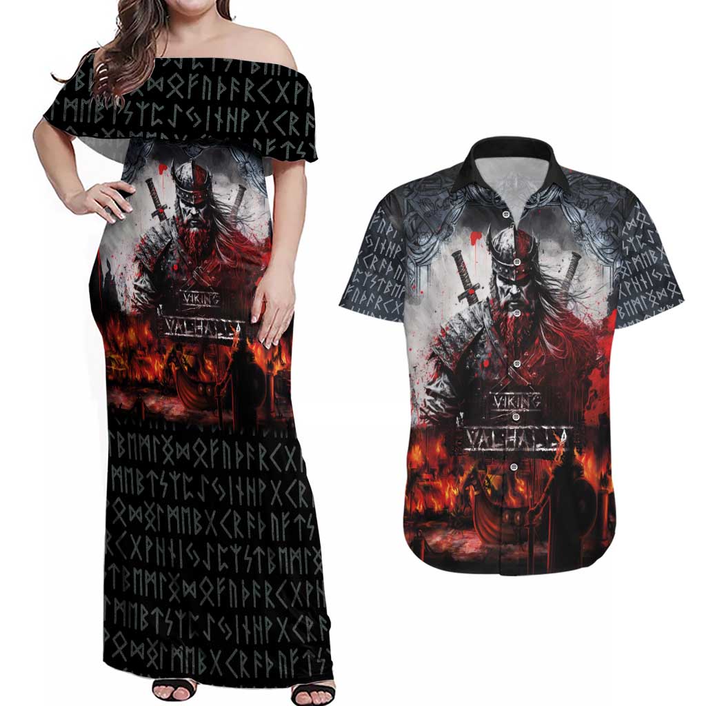 Viking Valhalla Couples Matching Off Shoulder Maxi Dress and Hawaiian Shirt Norseman and Burning Battlefield - Wonder Print Shop