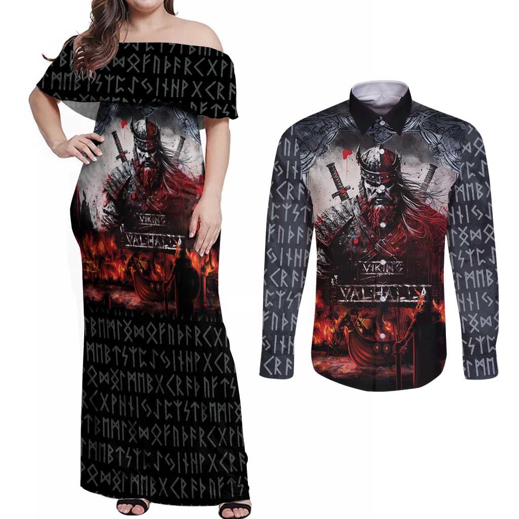 Viking Valhalla Couples Matching Off Shoulder Maxi Dress and Long Sleeve Button Shirt Norseman and Burning Battlefield - Wonder Print Shop
