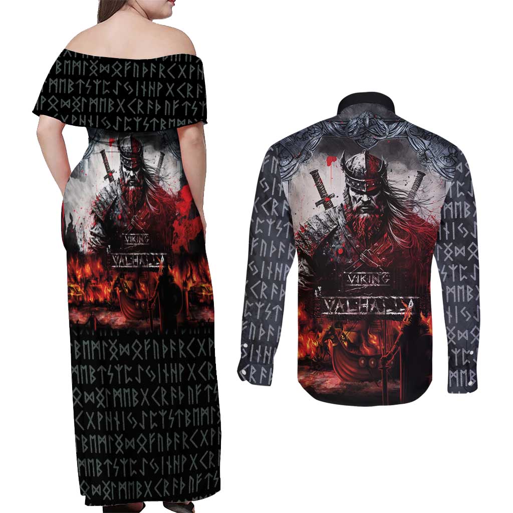 Viking Valhalla Couples Matching Off Shoulder Maxi Dress and Long Sleeve Button Shirt Norseman and Burning Battlefield - Wonder Print Shop