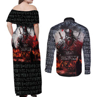 Viking Valhalla Couples Matching Off Shoulder Maxi Dress and Long Sleeve Button Shirt Norseman and Burning Battlefield - Wonder Print Shop