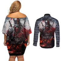 Viking Valhalla Couples Matching Off Shoulder Short Dress and Long Sleeve Button Shirt Norseman and Burning Battlefield - Wonder Print Shop