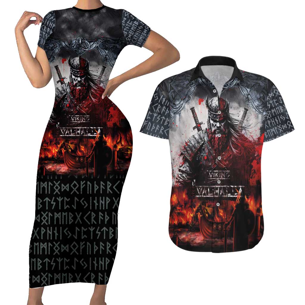 Viking Valhalla Couples Matching Short Sleeve Bodycon Dress and Hawaiian Shirt Norseman and Burning Battlefield - Wonder Print Shop