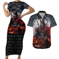 Viking Valhalla Couples Matching Short Sleeve Bodycon Dress and Hawaiian Shirt Norseman and Burning Battlefield - Wonder Print Shop