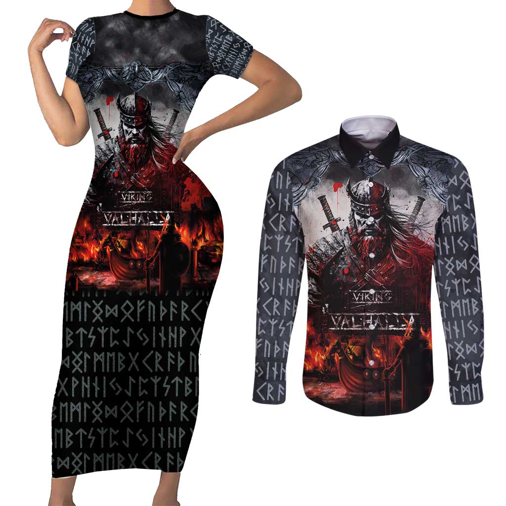 Viking Valhalla Couples Matching Short Sleeve Bodycon Dress and Long Sleeve Button Shirt Norseman and Burning Battlefield - Wonder Print Shop
