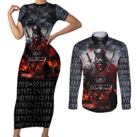Viking Valhalla Couples Matching Short Sleeve Bodycon Dress and Long Sleeve Button Shirt Norseman and Burning Battlefield - Wonder Print Shop