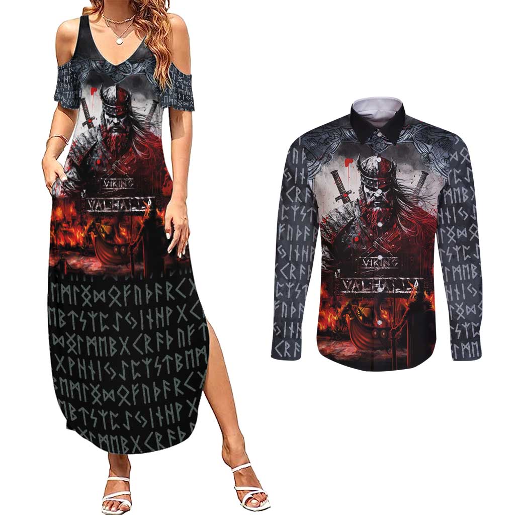 Viking Valhalla Couples Matching Summer Maxi Dress and Long Sleeve Button Shirt Norseman and Burning Battlefield - Wonder Print Shop