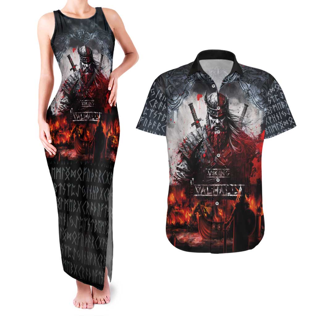 Viking Valhalla Couples Matching Tank Maxi Dress and Hawaiian Shirt Norseman and Burning Battlefield - Wonder Print Shop