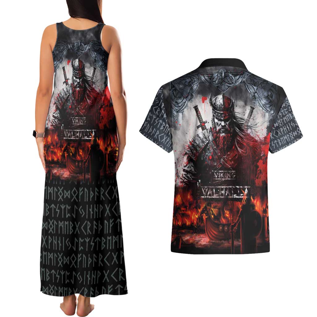 Viking Valhalla Couples Matching Tank Maxi Dress and Hawaiian Shirt Norseman and Burning Battlefield - Wonder Print Shop