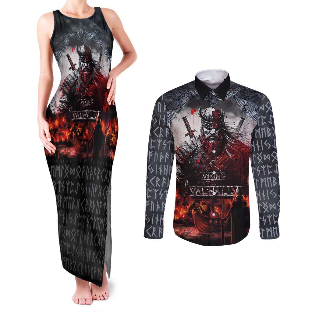 Viking Valhalla Couples Matching Tank Maxi Dress and Long Sleeve Button Shirt Norseman and Burning Battlefield - Wonder Print Shop