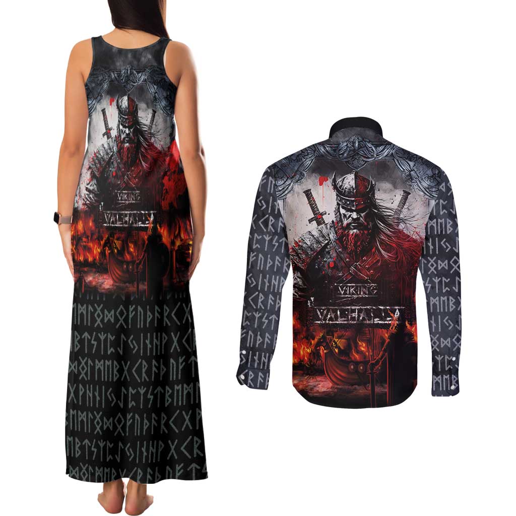 Viking Valhalla Couples Matching Tank Maxi Dress and Long Sleeve Button Shirt Norseman and Burning Battlefield - Wonder Print Shop
