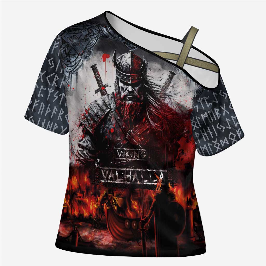 Viking Valhalla Cross Shoulder Shirt Norseman and Burning Battlefield - Wonder Print Shop