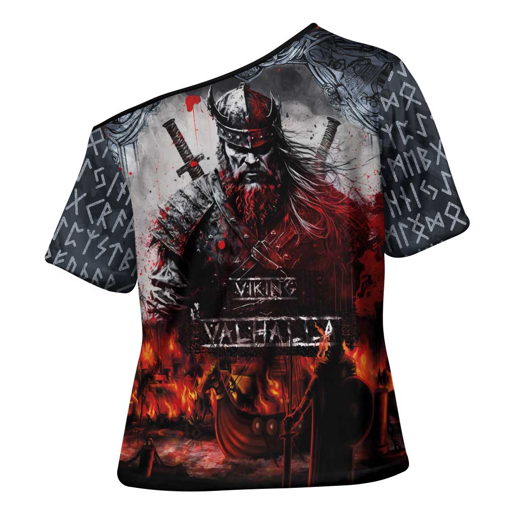 Viking Valhalla Cross Shoulder Shirt Norseman and Burning Battlefield - Wonder Print Shop