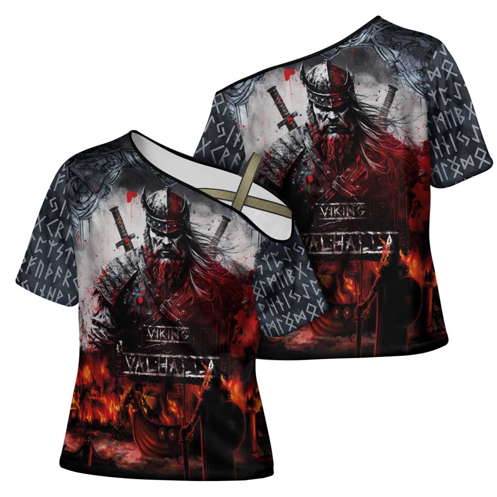 Viking Valhalla Cross Shoulder Shirt Norseman and Burning Battlefield - Wonder Print Shop