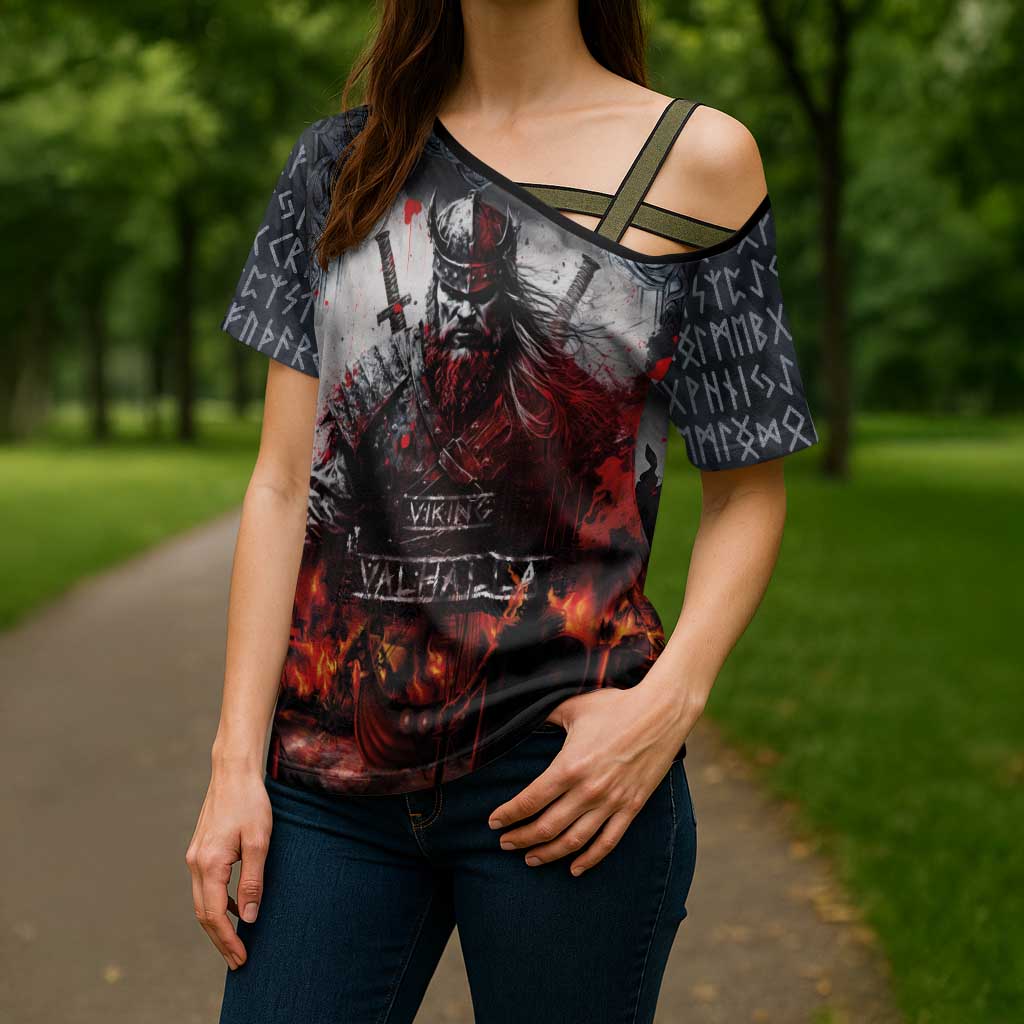 Viking Valhalla Cross Shoulder Shirt Norseman and Burning Battlefield - Wonder Print Shop