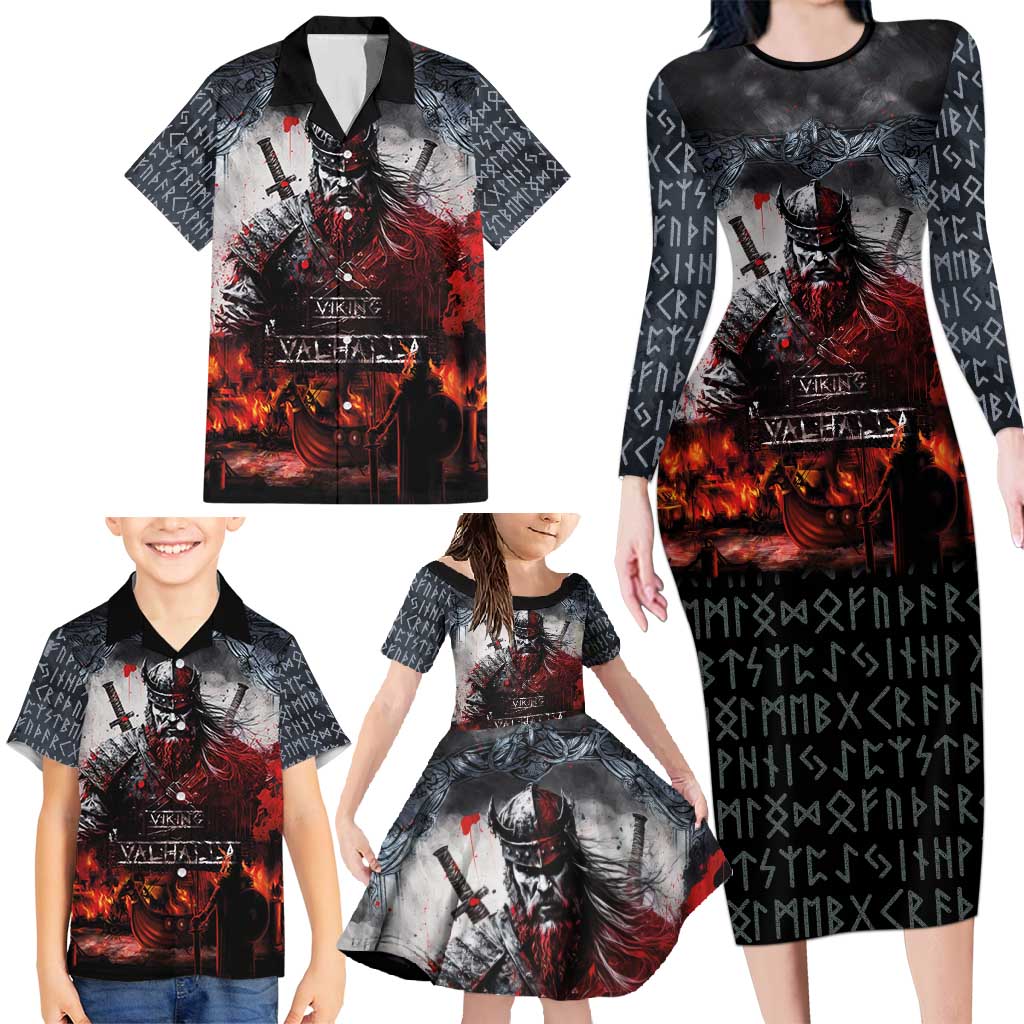 Viking Valhalla Family Matching Long Sleeve Bodycon Dress and Hawaiian Shirt Norseman and Burning Battlefield - Wonder Print Shop