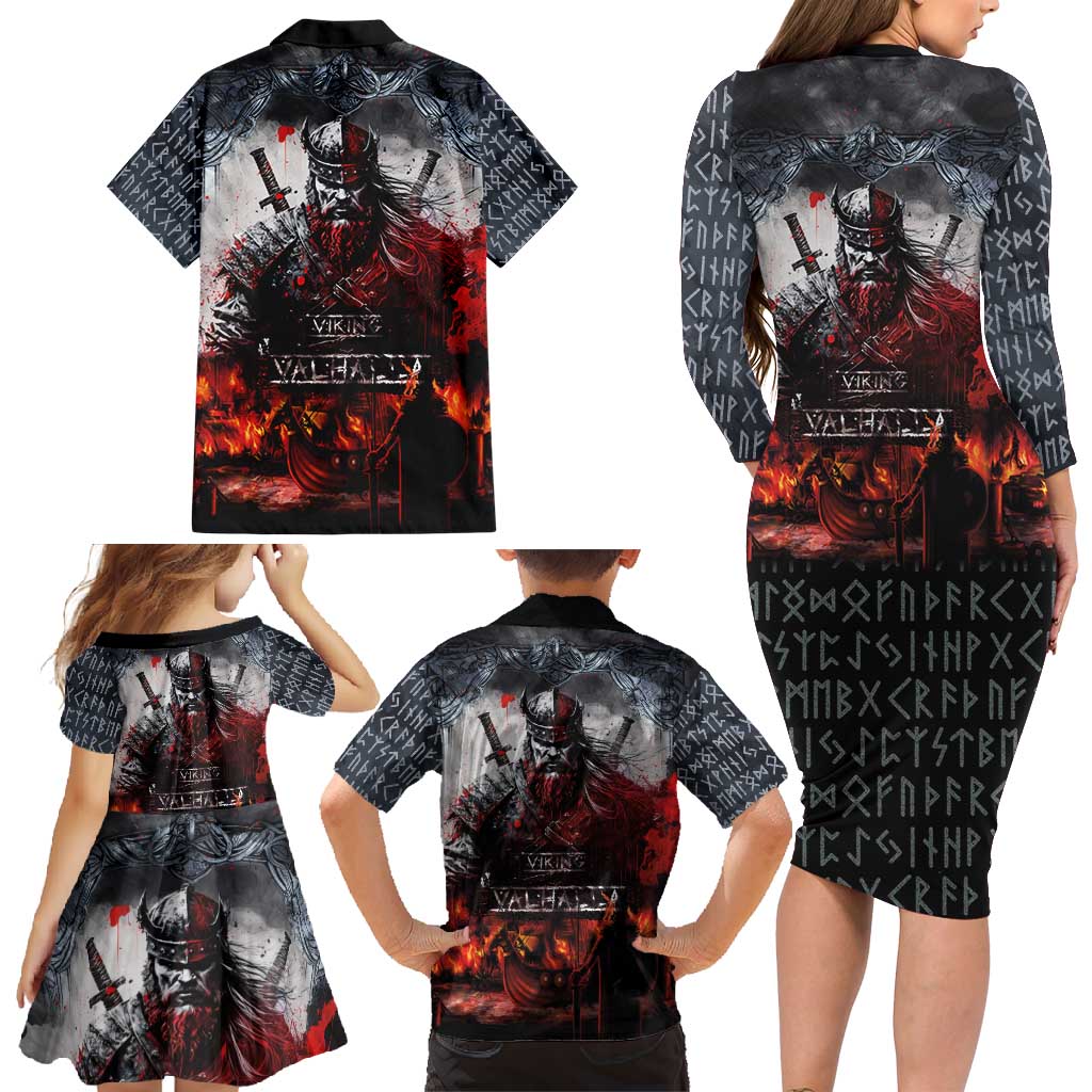 Viking Valhalla Family Matching Long Sleeve Bodycon Dress and Hawaiian Shirt Norseman and Burning Battlefield - Wonder Print Shop