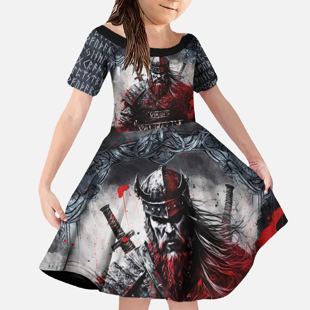 Viking Valhalla Family Matching Off The Shoulder Long Sleeve Dress and Hawaiian Shirt Norseman and Burning Battlefield - Wonder Print Shop