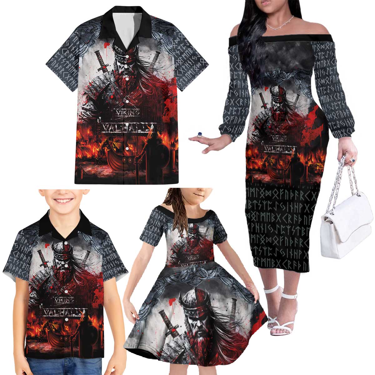 Viking Valhalla Family Matching Off The Shoulder Long Sleeve Dress and Hawaiian Shirt Norseman and Burning Battlefield - Wonder Print Shop