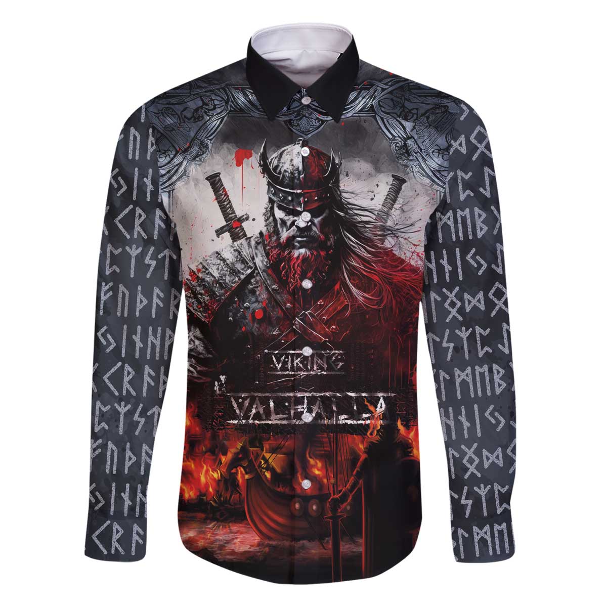 Viking Valhalla Family Matching Off The Shoulder Long Sleeve Dress and Hawaiian Shirt Norseman and Burning Battlefield - Wonder Print Shop