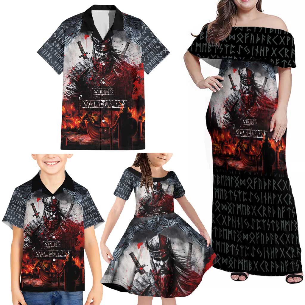 Viking Valhalla Family Matching Off Shoulder Maxi Dress and Hawaiian Shirt Norseman and Burning Battlefield - Wonder Print Shop