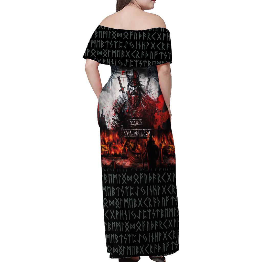 Viking Valhalla Family Matching Off Shoulder Maxi Dress and Hawaiian Shirt Norseman and Burning Battlefield - Wonder Print Shop