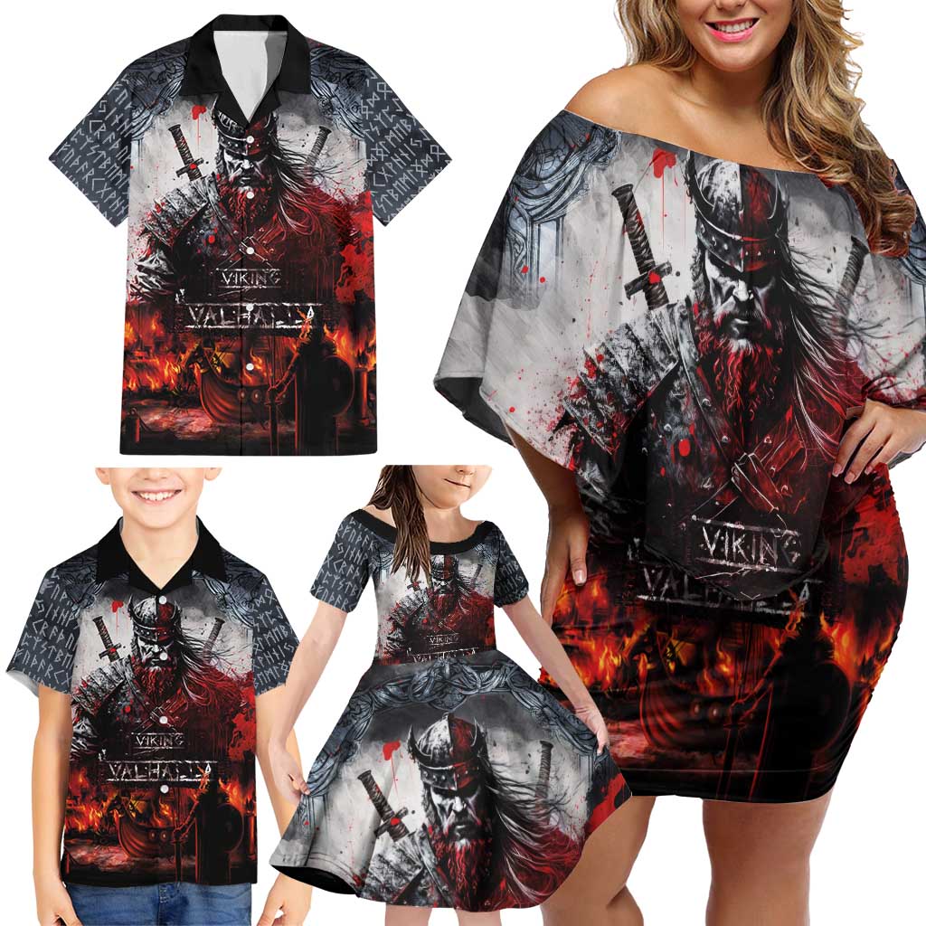 Viking Valhalla Family Matching Off Shoulder Short Dress and Hawaiian Shirt Norseman and Burning Battlefield - Wonder Print Shop