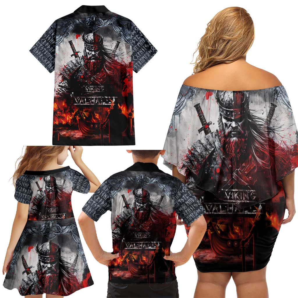 Viking Valhalla Family Matching Off Shoulder Short Dress and Hawaiian Shirt Norseman and Burning Battlefield - Wonder Print Shop