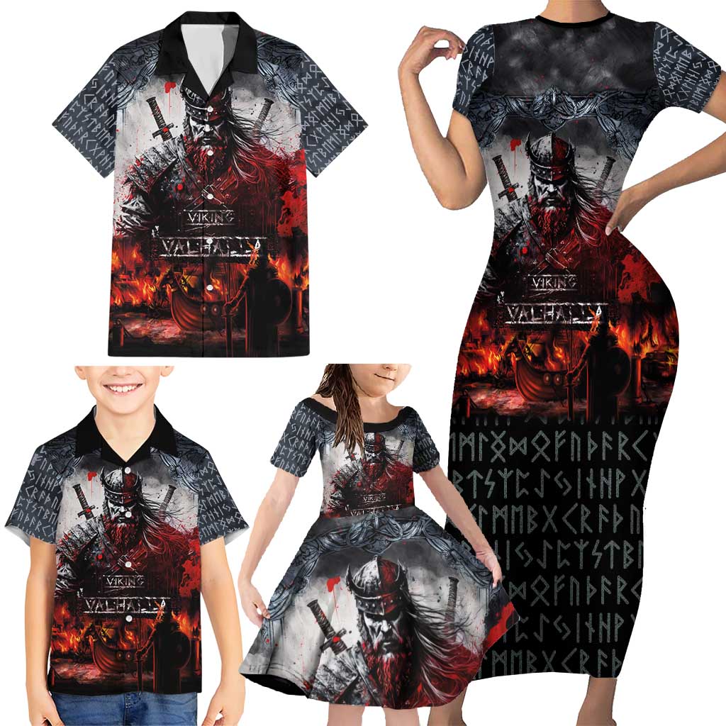 Viking Valhalla Family Matching Short Sleeve Bodycon Dress and Hawaiian Shirt Norseman and Burning Battlefield - Wonder Print Shop
