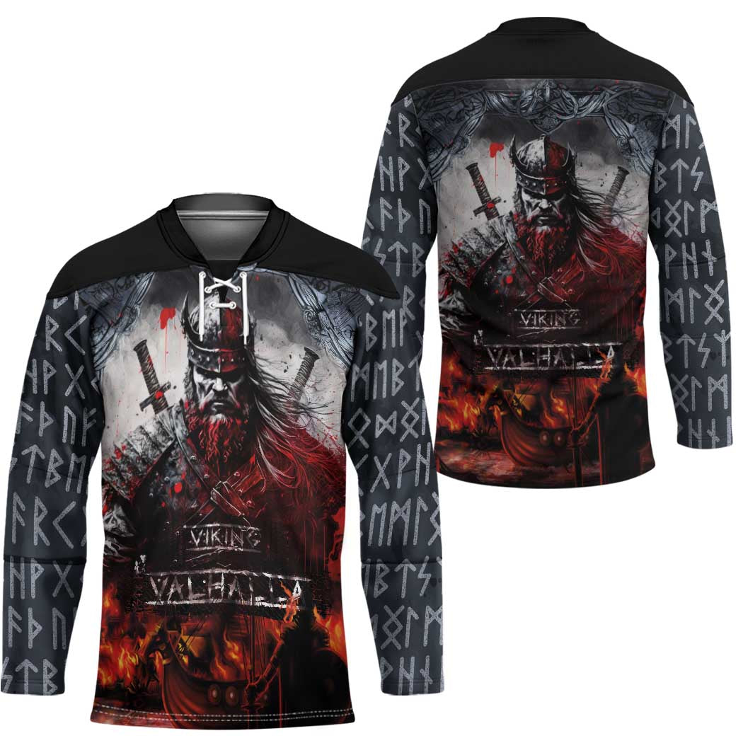 Viking Valhalla Hockey Jersey Norseman and Burning Battlefield - Wonder Print Shop