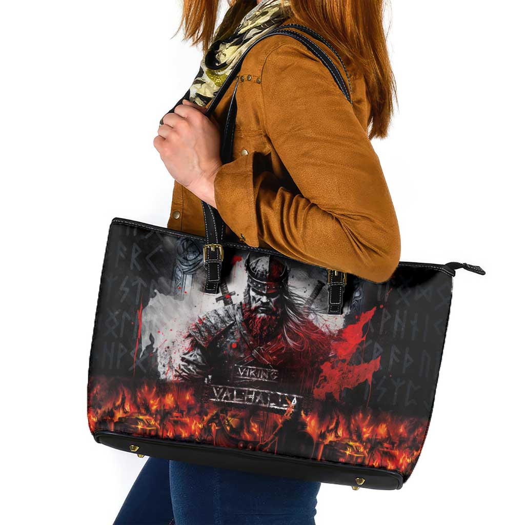 Viking Valhalla Leather Tote Bag Norseman and Burning Battlefield - Wonder Print Shop