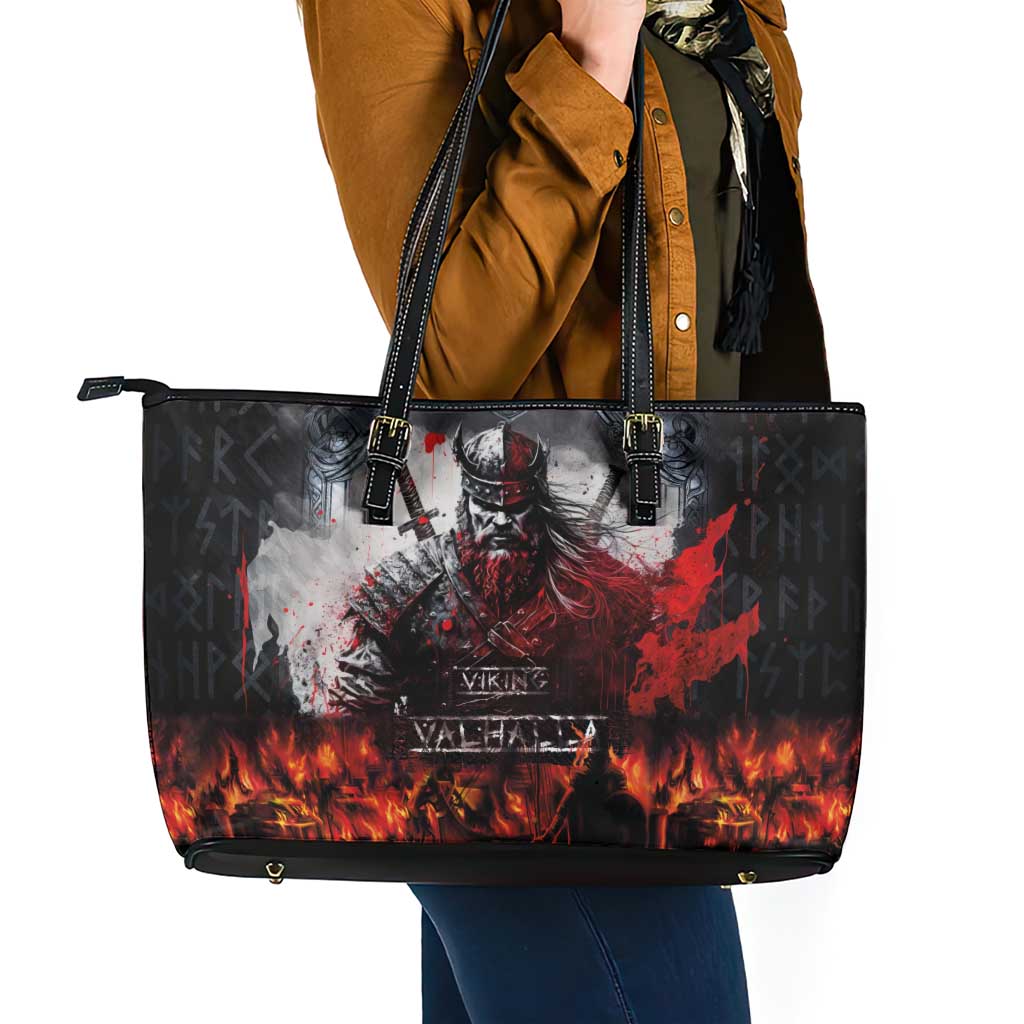 Viking Valhalla Leather Tote Bag Norseman and Burning Battlefield - Wonder Print Shop
