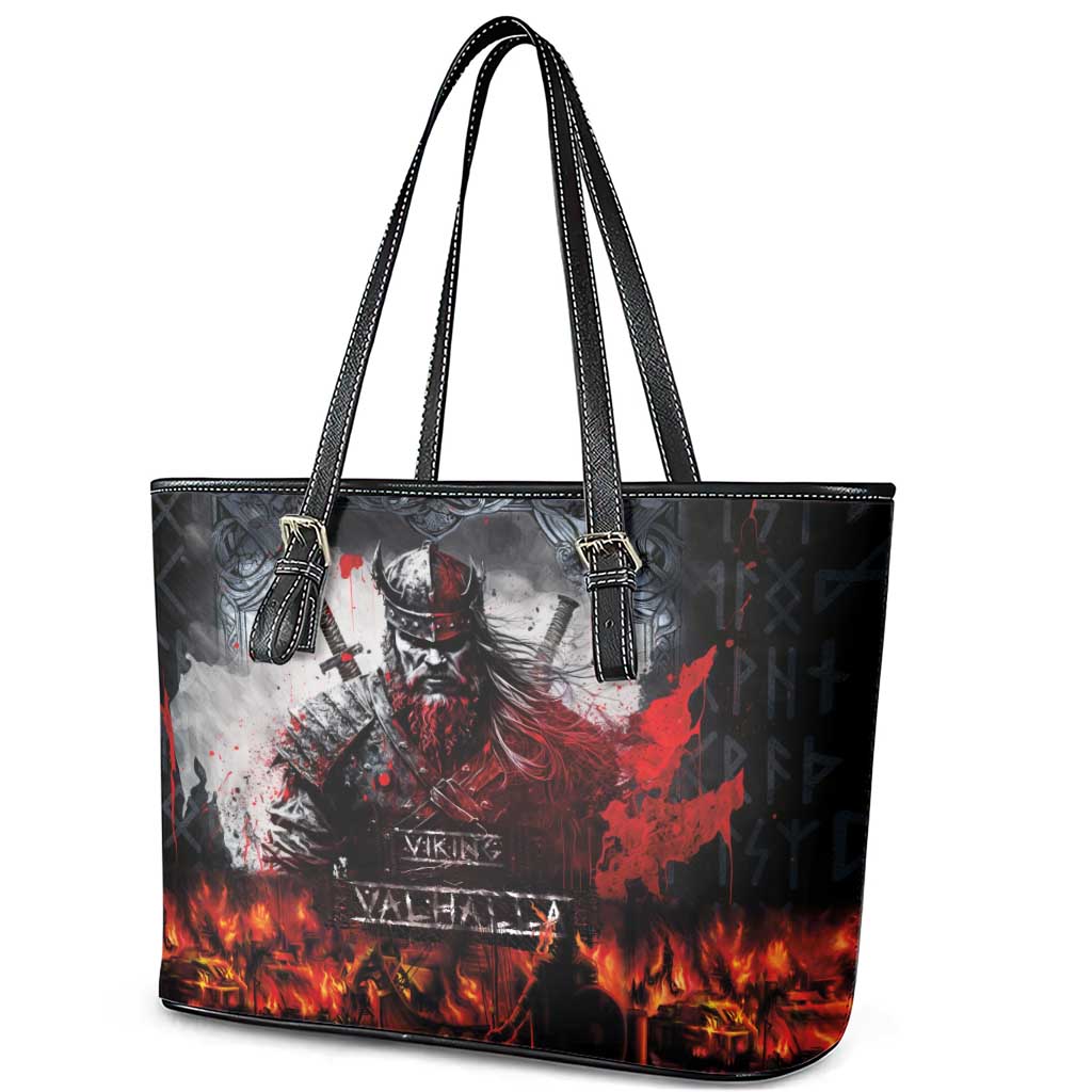 Viking Valhalla Leather Tote Bag Norseman and Burning Battlefield - Wonder Print Shop