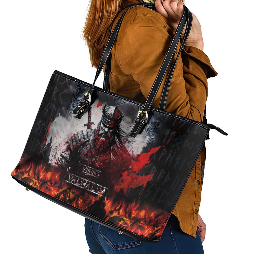 Viking Valhalla Leather Tote Bag Norseman and Burning Battlefield - Wonder Print Shop